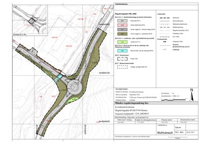 Situasjonsplan som viser regulering av et trafikknutepunkt (rondell) med omgivende infrastruktur, vegnet og arealbruk.
