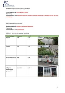 Et dokument som inneholder en tabell med bilder av ulike bygningsmaterialer (oljetank, dieseltank, rulleporter) og tekst om taksering.