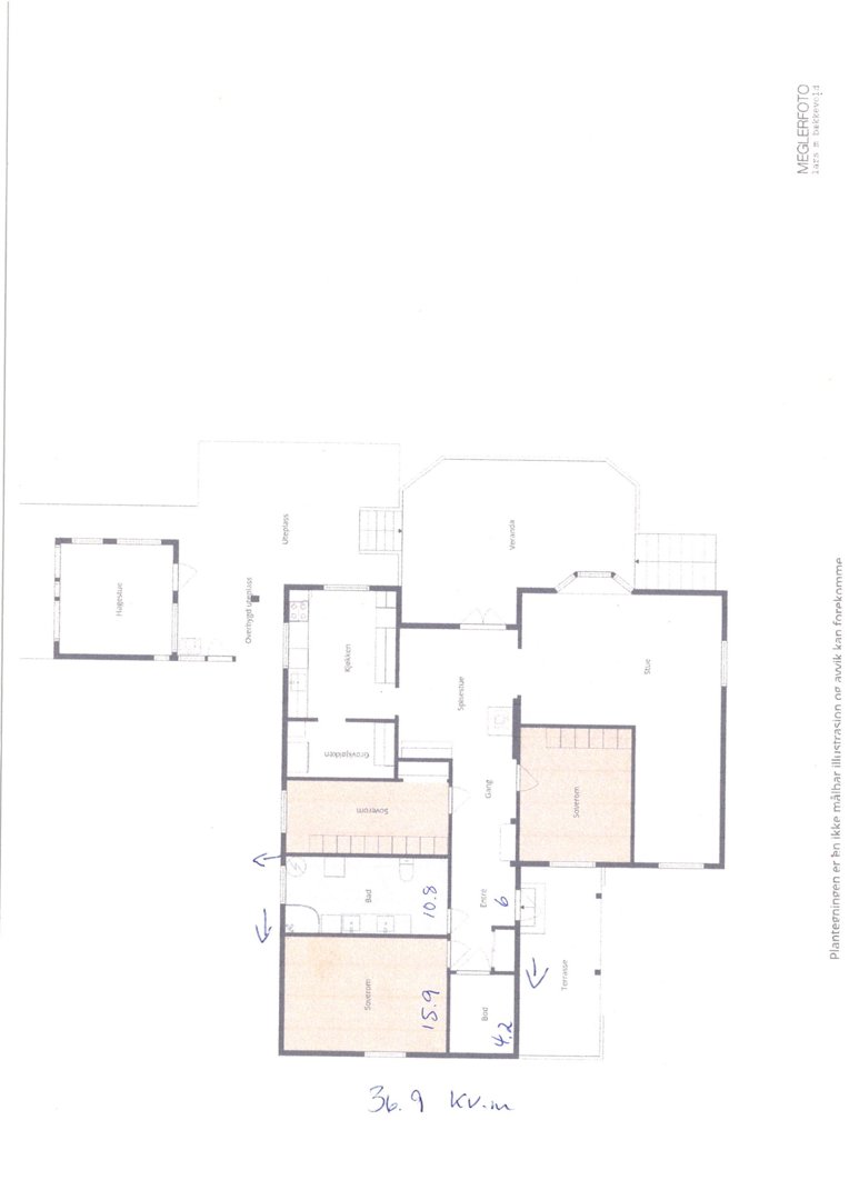 Etasjeplan (plantegning) som viser romfordeling, arealer og funksjoner i et hus.