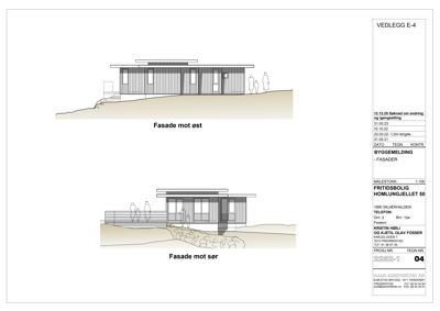 Fasadetegning som viser bygningens utseende fra øst og sør.