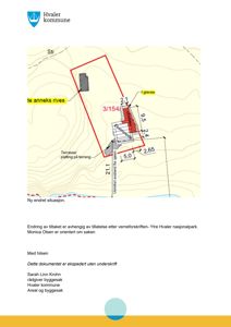 Situasjonsplan som viser tomtens form, grenser og plassering av eksisterende/nytt bygg i forhold til terrenget.