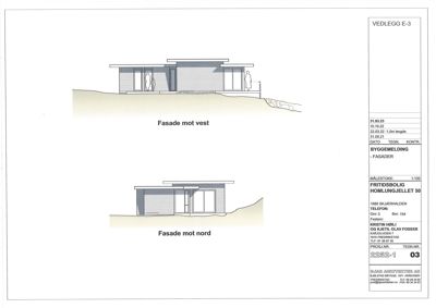 Fasadetegning som viser bygningens utseende sett fra vest og nord.
