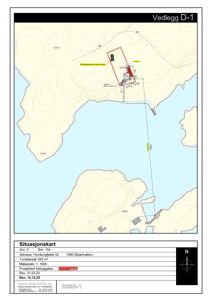 Situasjonskart som viser tomtens beliggenhet, omgivende terreng (konturlinjer), vann, nabotomter og bygningers plassering.