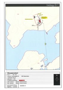Situasjonskart som viser tomtens beliggenhet, grenser, topografi og plassering av bygninger.