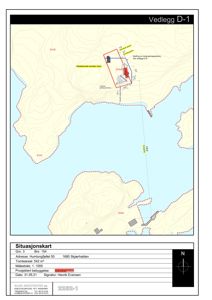 Situasjonskart som viser tomtens beliggenhet, grenser, høydemålerlinjer og nabolag.