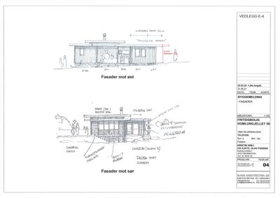 Fasadetegning som viser oppriss av en bygning sett fra øst og sør med håndskrevne notater om detaljer.