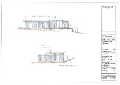 Fasadetegning som viser bygningens utseende fra vest og nord.