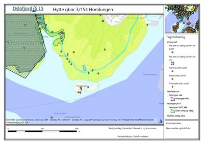 Et kart over området Homlungen som viser naturverdier, friluftsarealer og artsforekomster basert på Oslofjord GIS.