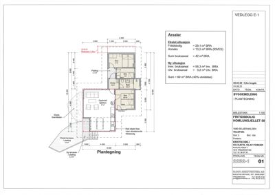 Etasjeplan (plantegning) som viser romfordeling, mål og arealoppsummering for en fritidsbolig.