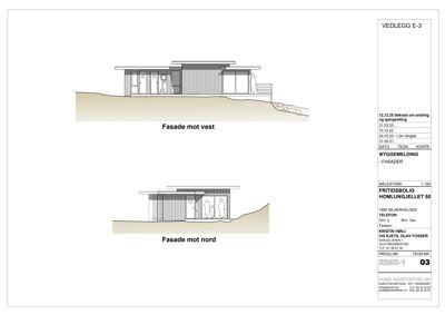 Fasadetegning som viser bygningens utseende sett fra vest og nord.