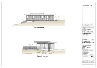 Fasadetegning som viser bygningens utseende fra øst og sør med detaljer om terrassering og landskap.
