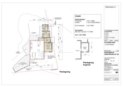 Plantegning av krypprom (etasjeplan) med romfordeling, mål og arealopplysninger.