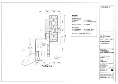 Etasjeplan (plantegning) som viser romfordeling, mål og arealoppsummering for en bygning.