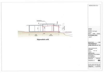 Sjematisk snitttegning som viser bygningens tverrsnitt, grunnmur og fundament.
