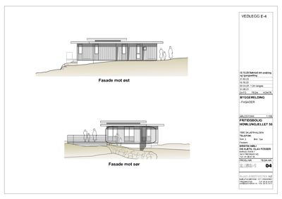 Fasadetegning som viser bygningens utseende fra øst og sør.