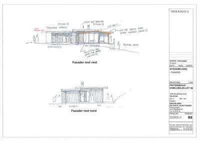 Fasadetegning som viser oppriss av bygningen sett fra vest og nord med håndskrevne notater om takhøyder og vindusutforming.