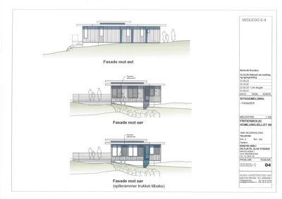 Fasadetegning som viser bygningens utsyn mot øst og sør, inkludert detaljer som vinduer, trapper og terrengform.