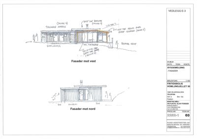 Fasadetegning som viser oppriss av bygningen sett fra vest og nord med håndskrevne notater om materialvalg.