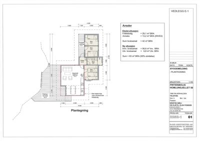 Etasjeplan (plantegning) som viser romfordeling, mål og arealoppsett for en fritidsbolig.