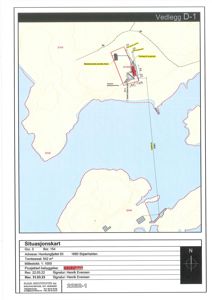Situasjonskart som viser tomtens beliggenhet, grenser, topografi og naboeiendommer.