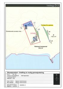 Situasjonskart som viser en tomt med eksisterende bygninger, et forslag til ny grense og beregnet arealendring.