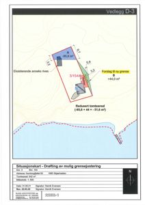 Situasjonskart som viser et tomt med eksisterende og foreslåtte grenser, samt arealregning for tomteendring.