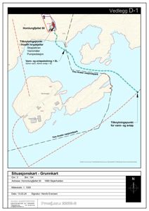 Situasjonskart (grunnkart) som viser bygningens plassering i forhold til omgivelsene, inkludert vann- og avløpsledninger.
