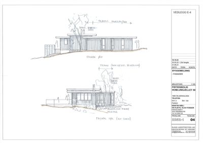 Fasadetegning som viser bygningens utsyn fra to sider (vest og sør-øst) med håndtegnede detaljer om vegetasjon og terreng.