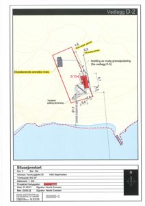 Situasjonskart som viser tomtens form, eksisterende bebyggelse, terrengforhold og planlagt bebyggelse med mål og grenser.