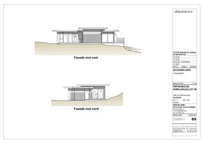 Fasadetegning som viser bygningens utseende sett fra vest og nord.