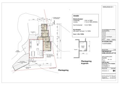 Plantegning av krypprommet i en bolig, med romfordeling, mål og arealopplysninger.