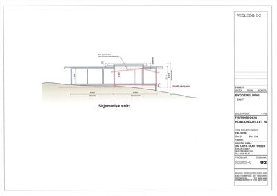 Skjematisk snittegning som viser bygningens tverrsnitt, høyder og grunnforhold.