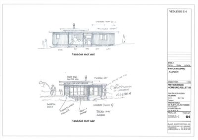 Fasadetegning med oppriss av bygningen sett fra øst og sør, inkludert håndskrevne notater om materialvalg og detaljer.