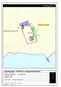 Situasjonskart som viser tomtens form, topografi (konturlinjer), eksisterende og nye bygninger, samt en drøfting av mulig grensejustering.