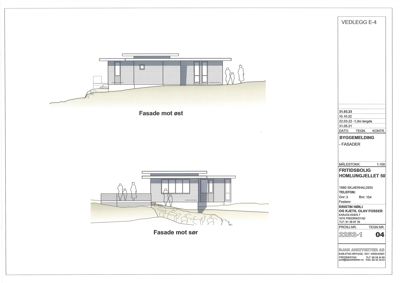 Tegning som viser fasadeopprikk for en fritidsbolig sett fra øst og sør.