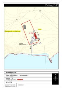 Situasjonsplan som viser tomtens form, bebyggelse, terrengforhold og forhold til nabolag.