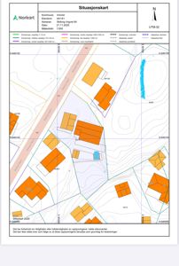 Situasjonskart som viser eiendomsforhold, bygninger, vegnett og topografi for eiendommen på Skibvegen 64 i Arendal.