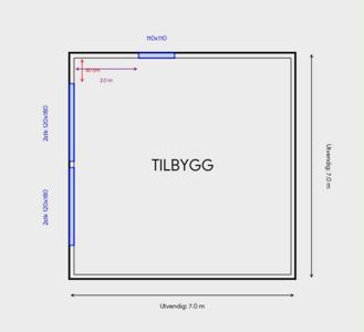 Etasjeplan (tilbygg) med angitte dimensjoner (7,0 m x 7,0 m) og detaljer om konstruksjon (2 stk 120x180, 110x110).