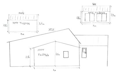 Håndtegnet fasadetegning som viser oppriss av en nybygning sett fra fire sider (Nord, Sør, Vest og en del av Øst), med angitte mål og retninger.