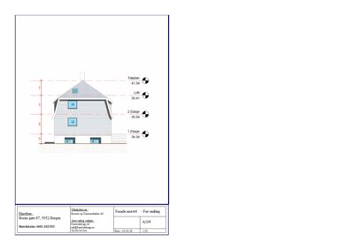 Fasadetegning av en bygning sett fra øst, med høydeangivelser og romfordeling per etasje.