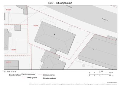 Situasjonskart (IG67) som viser eiendomsflater, eiendomsgrenser (sikre og usikre) og eiendomstekster for et område med flere bygninger.