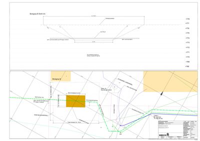 Tegning som viser detaljert profil og plassering av boregrop B, inkludert nivåer, graving og konstruksjonsdetaljer.