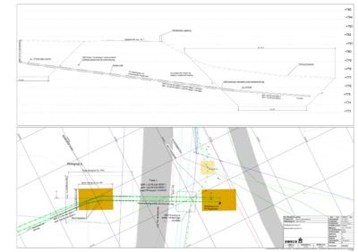 Situasjonsplan som viser tomtens geometri, bebyggelse (gule felt), veier, og tekniske installasjoner (grønne linjer).