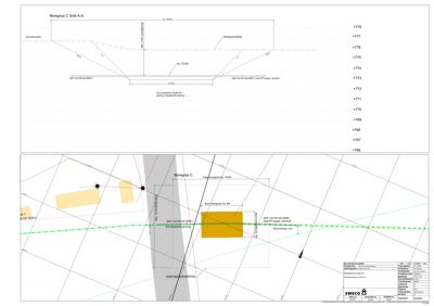 Tegning som viser et tverrsnitt (snitt A-A) gjennom en bygning (Boregrop C) med angitte høyder, grunnkonstruksjon og nivåer.