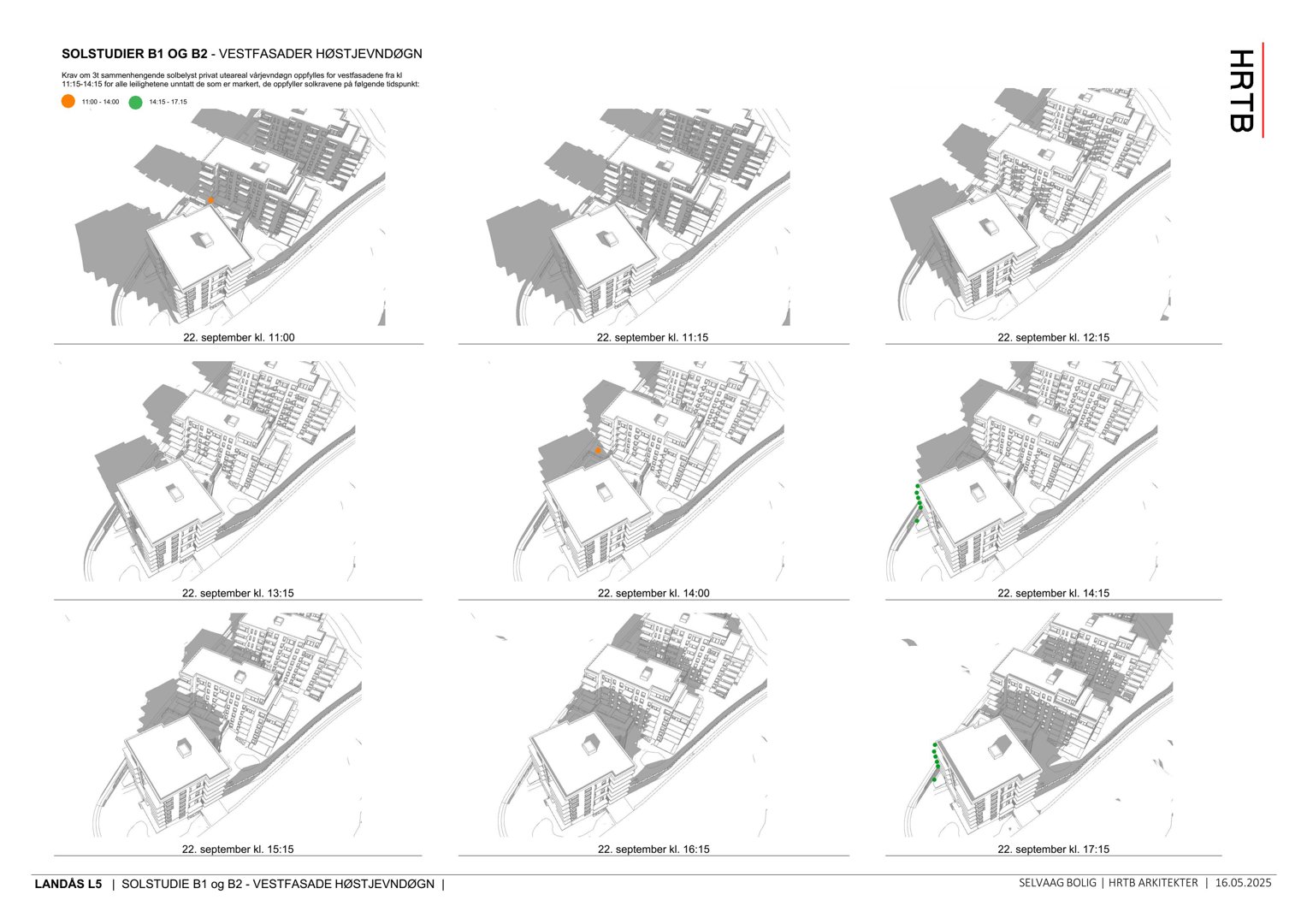 Bildet viser en serie 3D-visualiseringer (renderinger) av en bygning sett fra vest, med fokus på solstudier ved ulike tidspunkter.