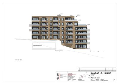 Fasadetegning av bygning sett fra vest, med visning av etasjer, balkonger og parkeringskjeller.