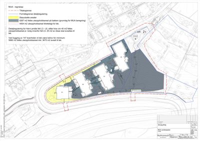 Situasjonsplan som viser bygningenes plassering på tomten i forhold til regnskapsgrenser og arealbruk.