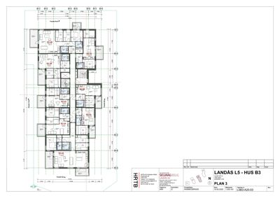 Etasjeplan (PLAN 3) som viser romfordeling og enhetsinndeling i et boligprosjekt.