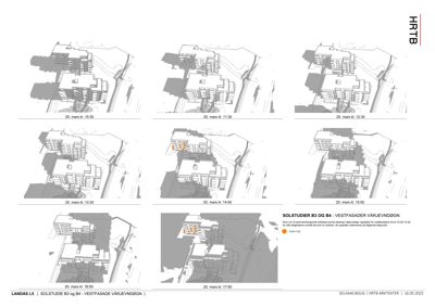 Bildet viser en serie med 3D-visualiseringer (renderinger) av en bygning sett fra utsiden. Det er en solstudie som viser hvordan bygningen ser ut til ulike tidspunkt på dagen (fra 10:30 til 17:50).