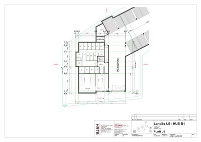 Etasjeplan (PLAN U2) som viser romfordeling, veggposisjon og mål for en bygning.